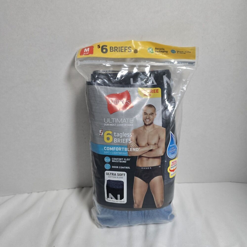HANES Ultimate Mens Size M 32-34 Comfort Blend Tagless Briefs Underwear 6Pk NEW